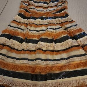 Striped Fringe Skirt - Black, Orange, Cream